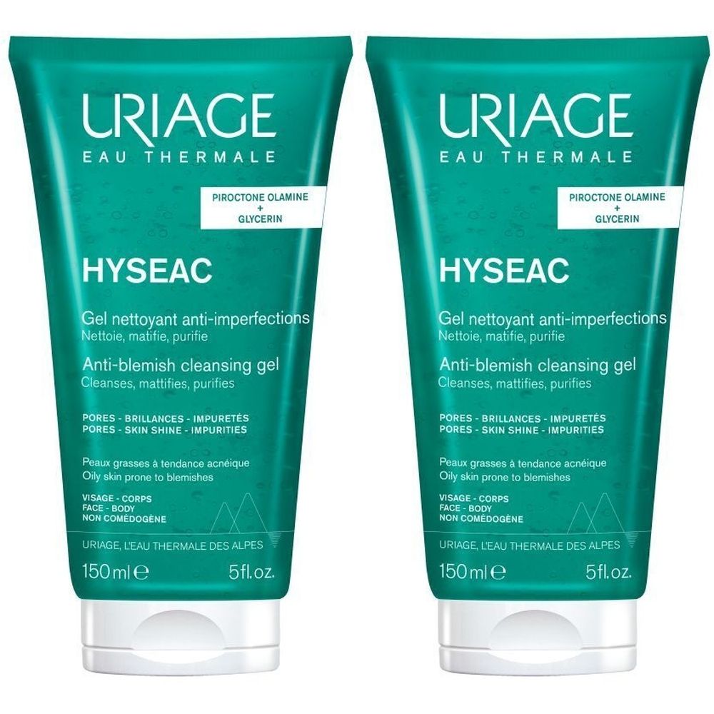Deux tubes verts Uriage Hyseac Gel. Texte: Anti-imperfections, nettoie, matifie, purifie. 150ml. Marque et nom du produit visibles.