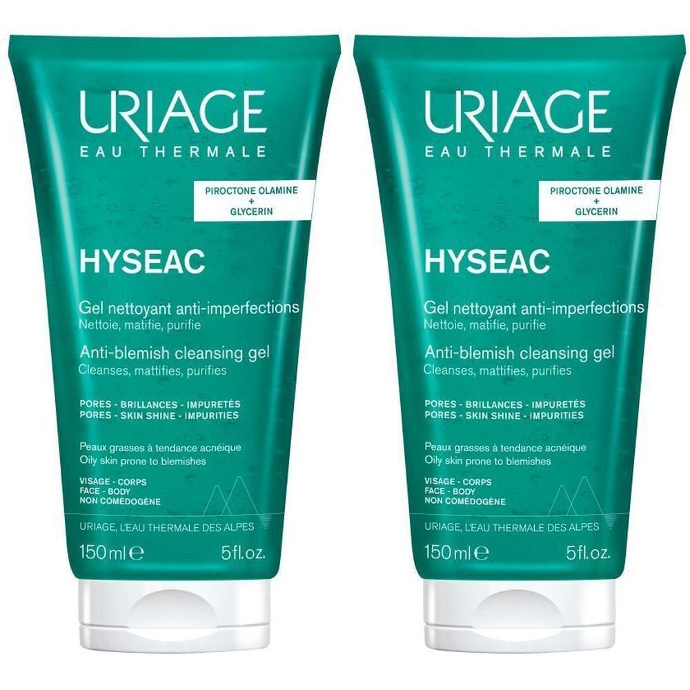 Deux tubes Uriage Hyseac, emballage vert. Texte: Gel nettoyant anti-imperfections. 150ml, 5 fl.oz.