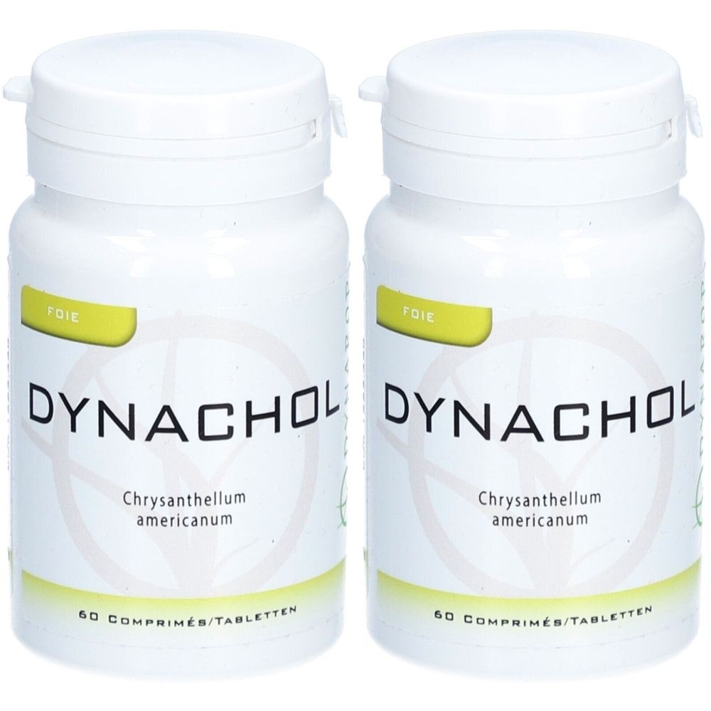 Deux flacons de comprimés blancs avec couvercles. Inscription DYNACHOL, Chrysanthellum americanum et 60 comprimés. Étiquette jaune avec FGIE.