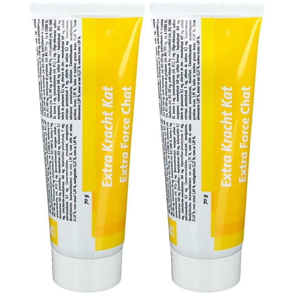 Deux tubes jaunes avec bouchon blanc. Inscription : Extra Kracht Kat, Extra Force Chat. Texte sur le tube.