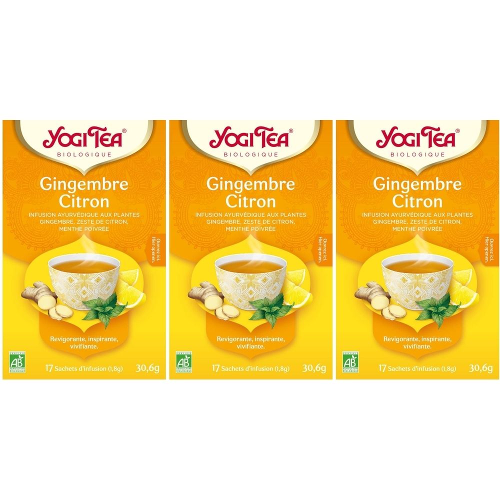 Trois boîtes jaunes avec logo Yogi Tea et nom "Gingembre Citron". Texte: Infusion ayurvédique.