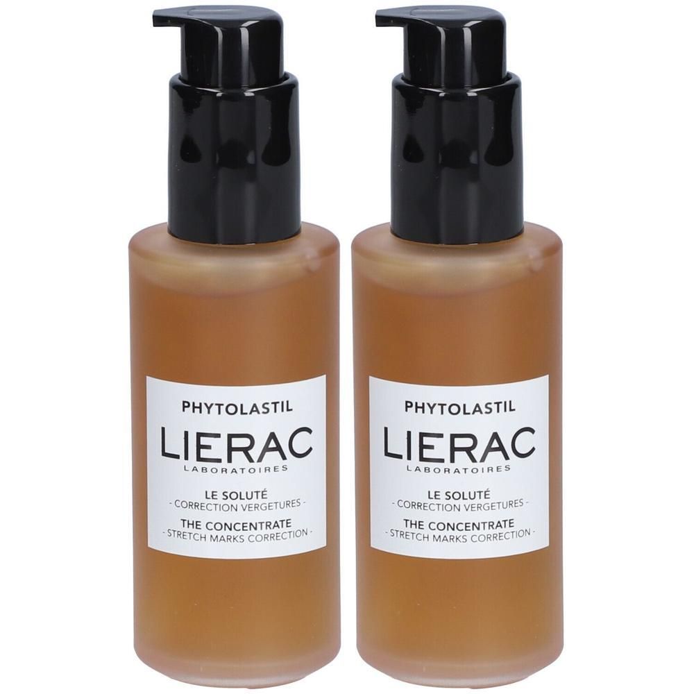 Deux flacons avec pompe noire. Étiquette avec texte: LIERAC, Phytolastil, Le Solute, Correction Vergetures.