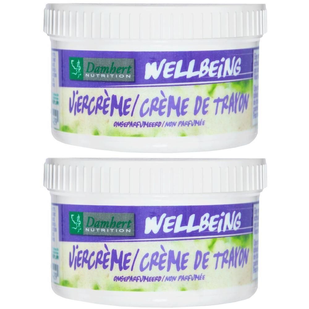 Deux pots blancs avec étiquette violette. Inscription: Damhert Nutrition, Wellbeing, Vièrcrème/Crème de trayon, non parfumé.