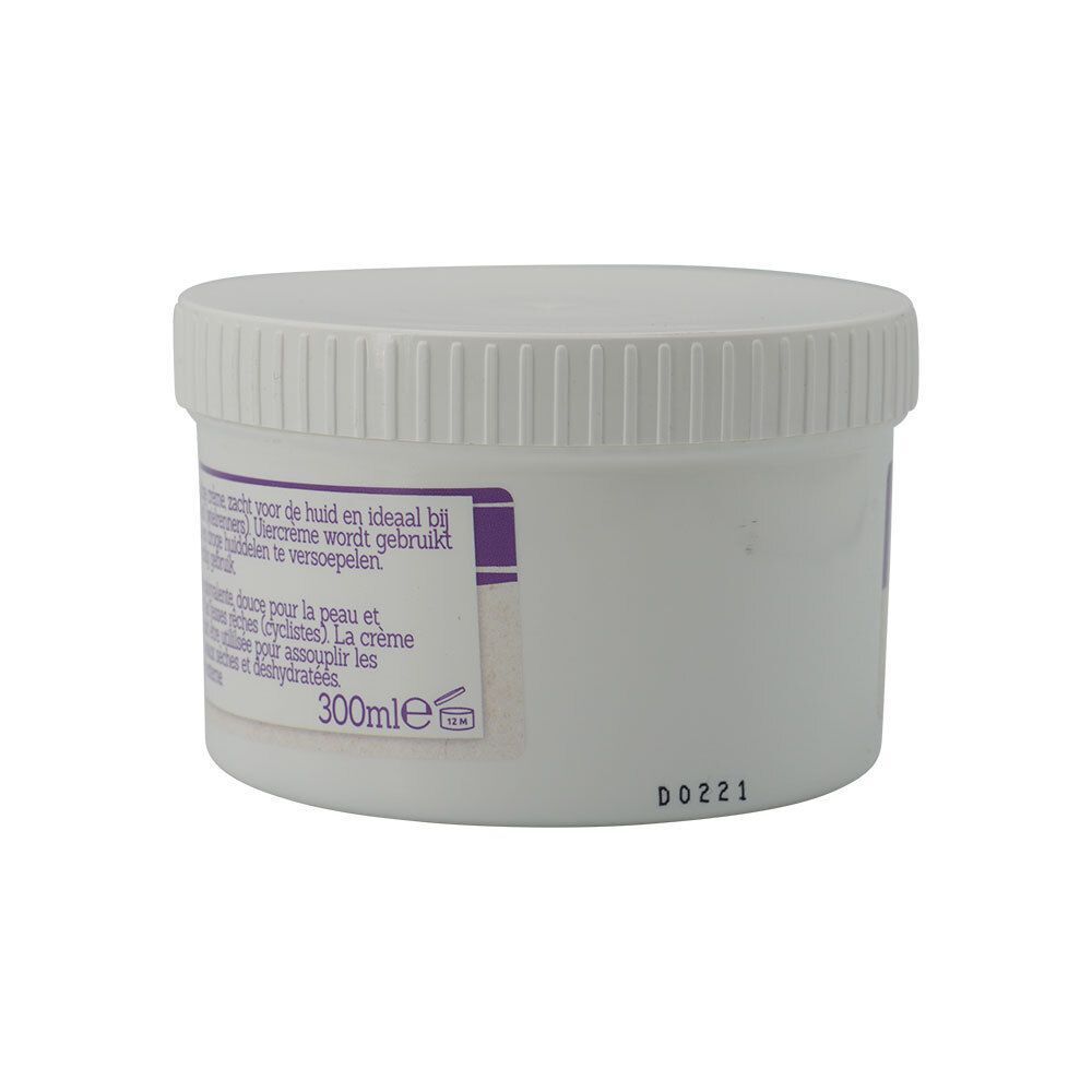 Pot blanc avec bouchon à vis. Étiquette au dos avec texte. Inscription: 300ml.