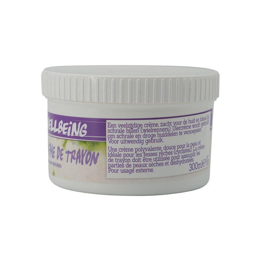 Pot blanc avec bouchon à vis. Étiquette au dos avec texte. Inscription: Vièrcrème/Crème de trayon, 300ml.