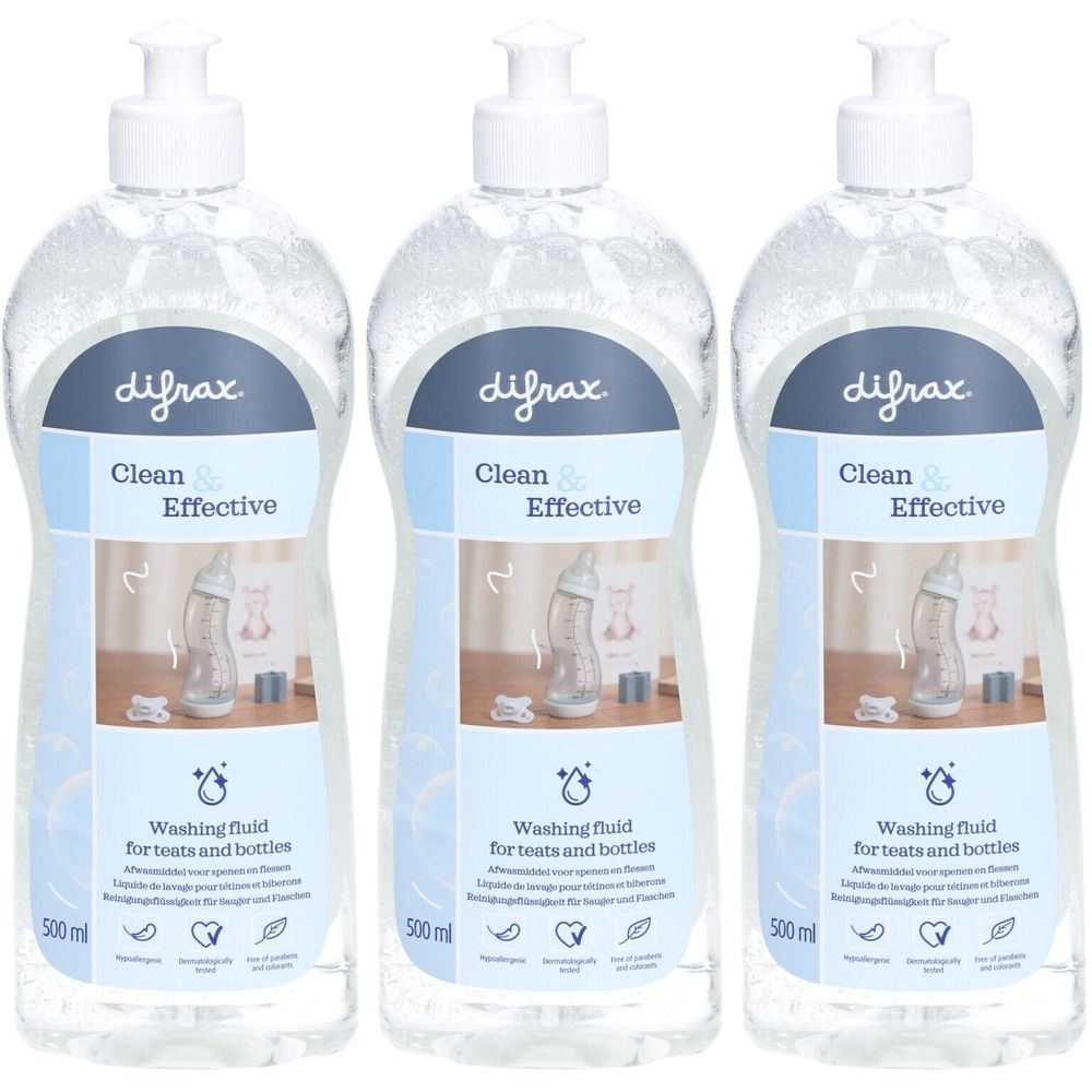 Trois flacons de liquide vaisselle DIFRAX pour tétines et biberons. Chaque flacon a une pompe blanche et une étiquette bleue.
