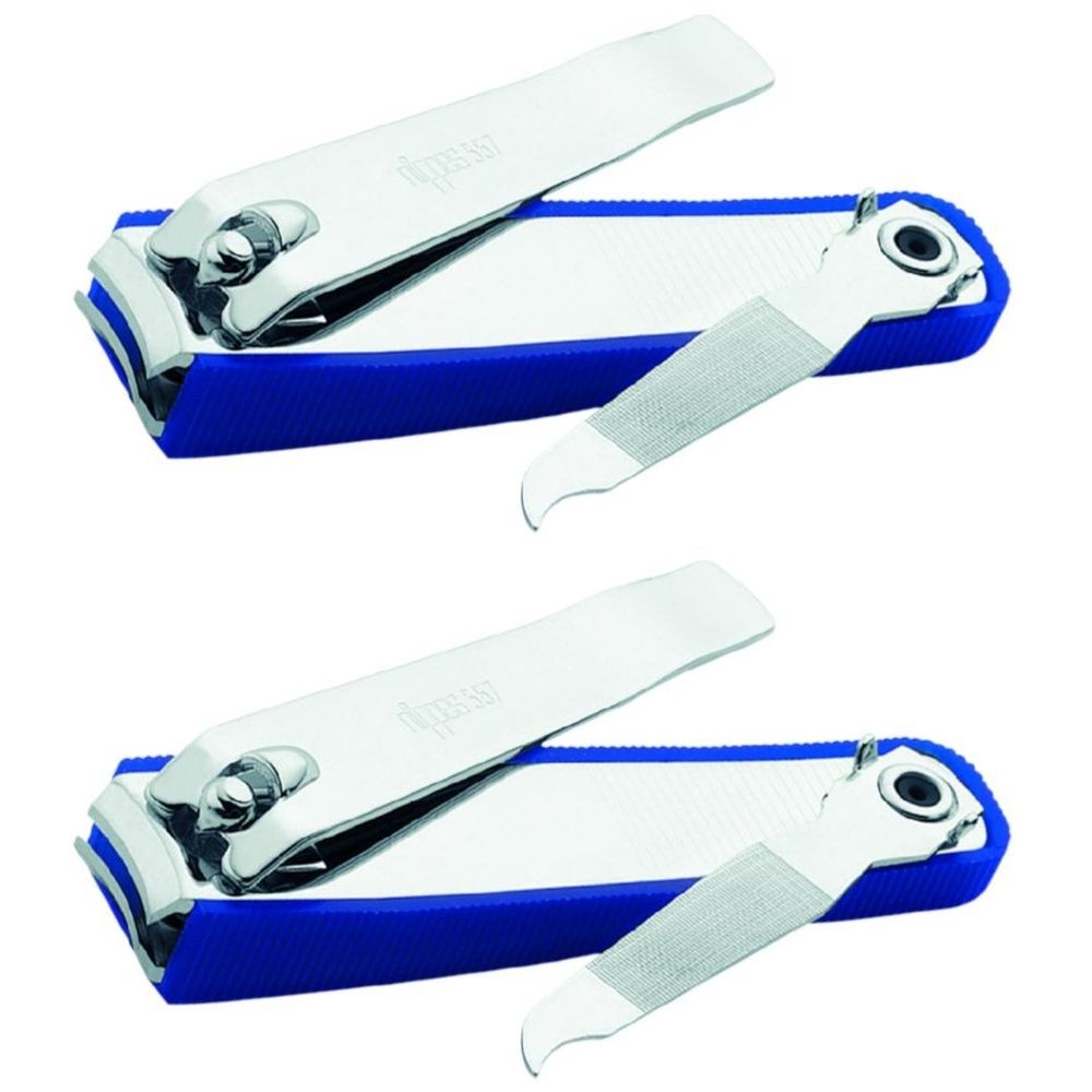 Deux coupe-ongles avec manches bleus et limes. Les lames sont argentées et partiellement ouvertes.