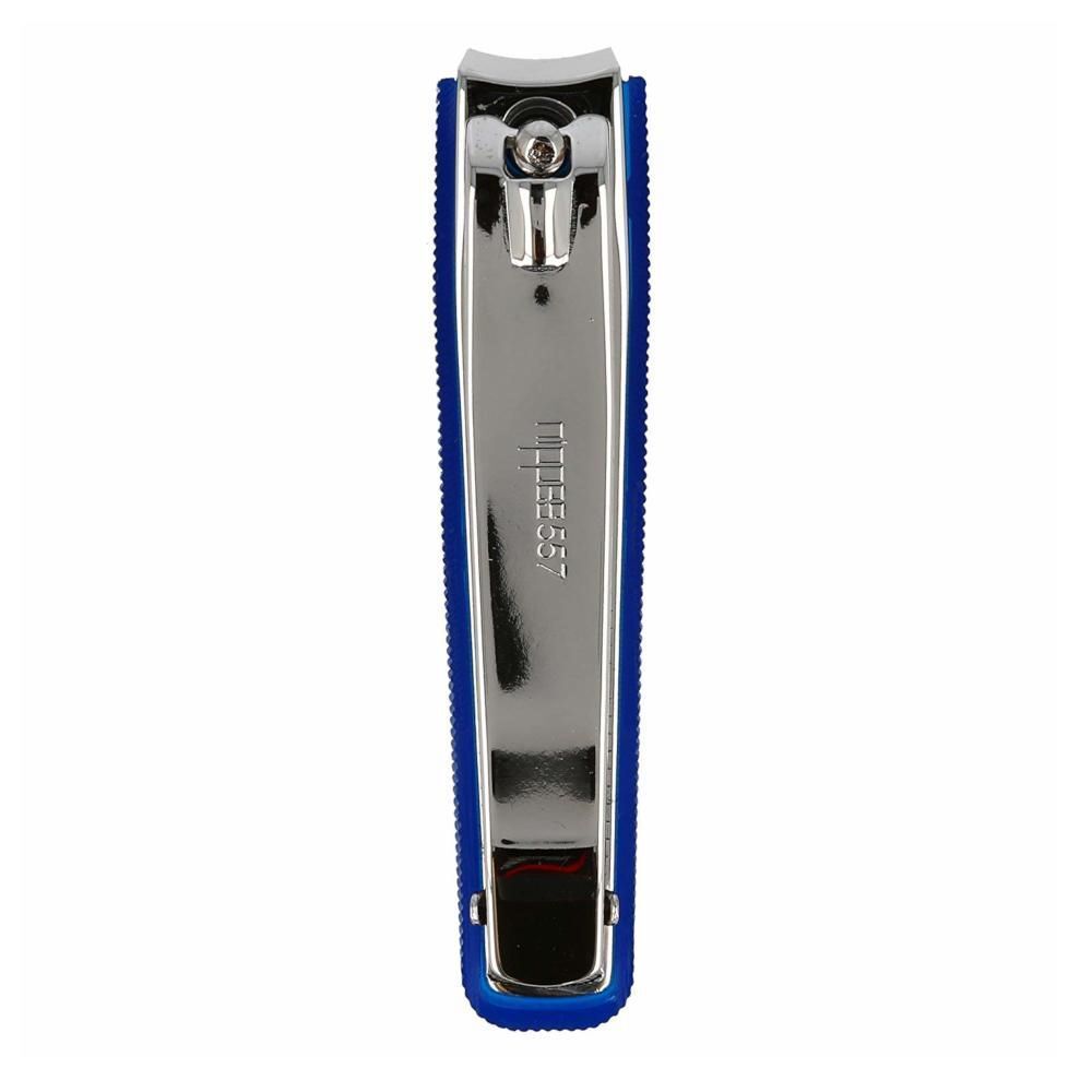 Coupe-ongles avec manche bleu et lame argentée. Inscription "Nippes R 557".