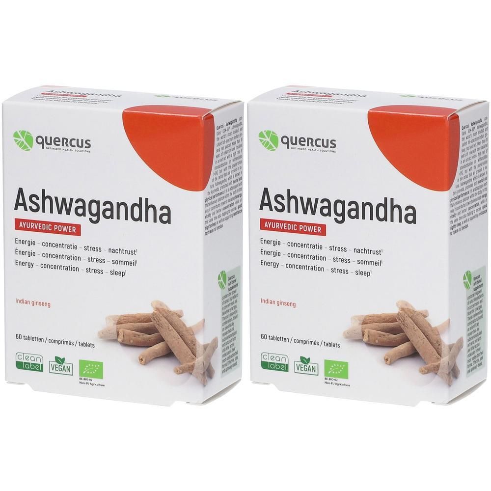 Deux paquets de Quercus Ashwagandha, 60 comprimés chacun. Contient du ginseng indien. Certifié vegan et bio.