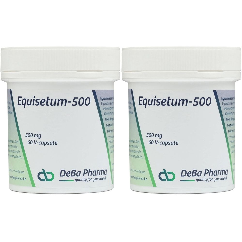 Deux boîtes blanches avec "Equisetum-500". Chaque boîte contient 60 gélules de 500 mg. Le logo DeBa Pharma est visible.