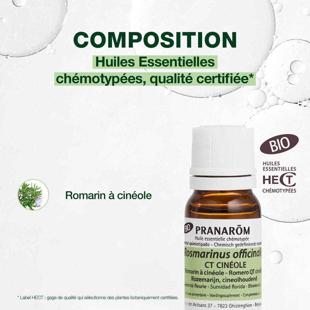 Flacon Pranarôm, Romarin à cinéole. Texte: Huiles Essentielles chémotypées, qualité certifiée. Certificat Bio.