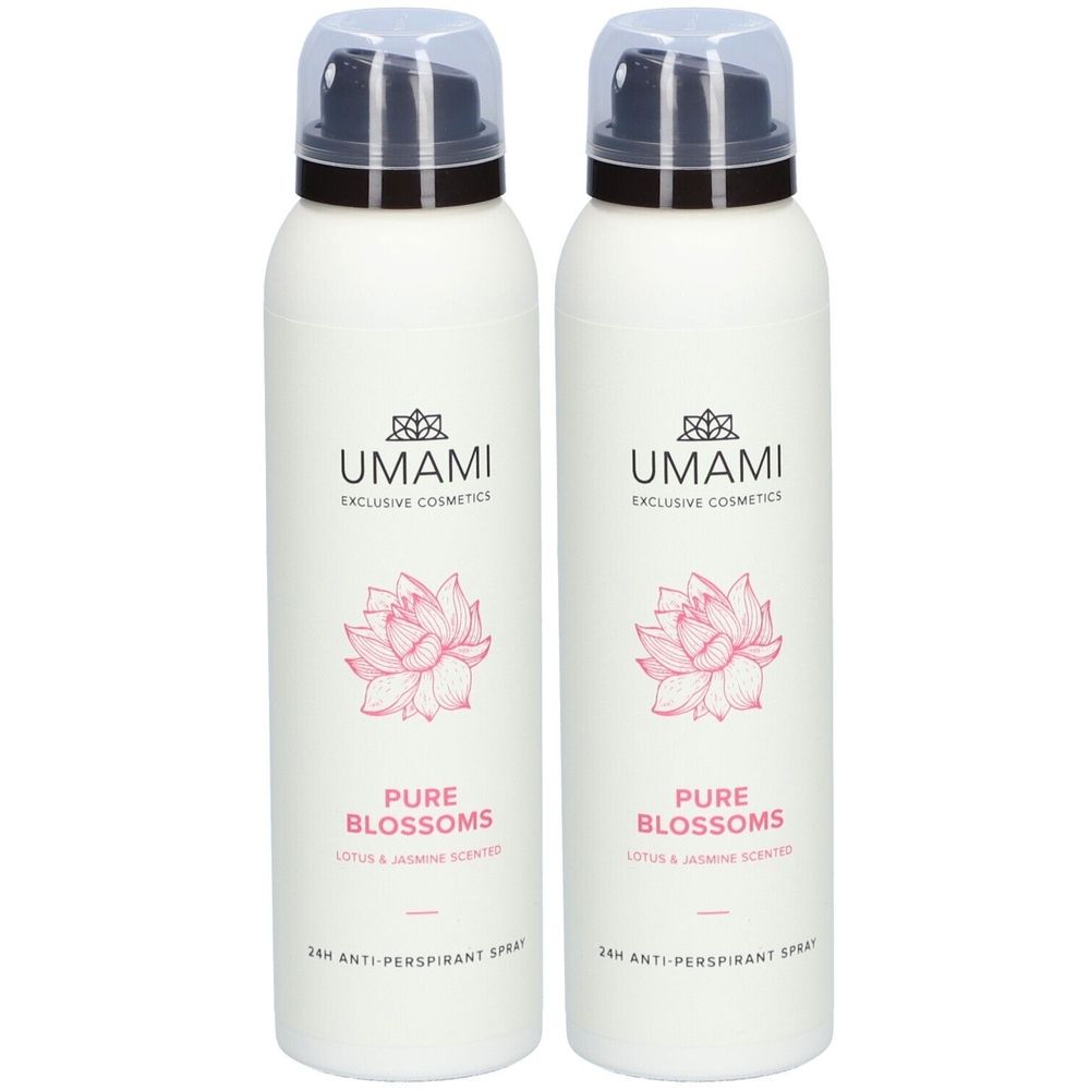 Deux flacons spray blancs. Inscription: UMAMI, Pure Blossoms, Lotus & Jasmin, 24h Anti-Perspirant Spray. Illustration de fleur rose.