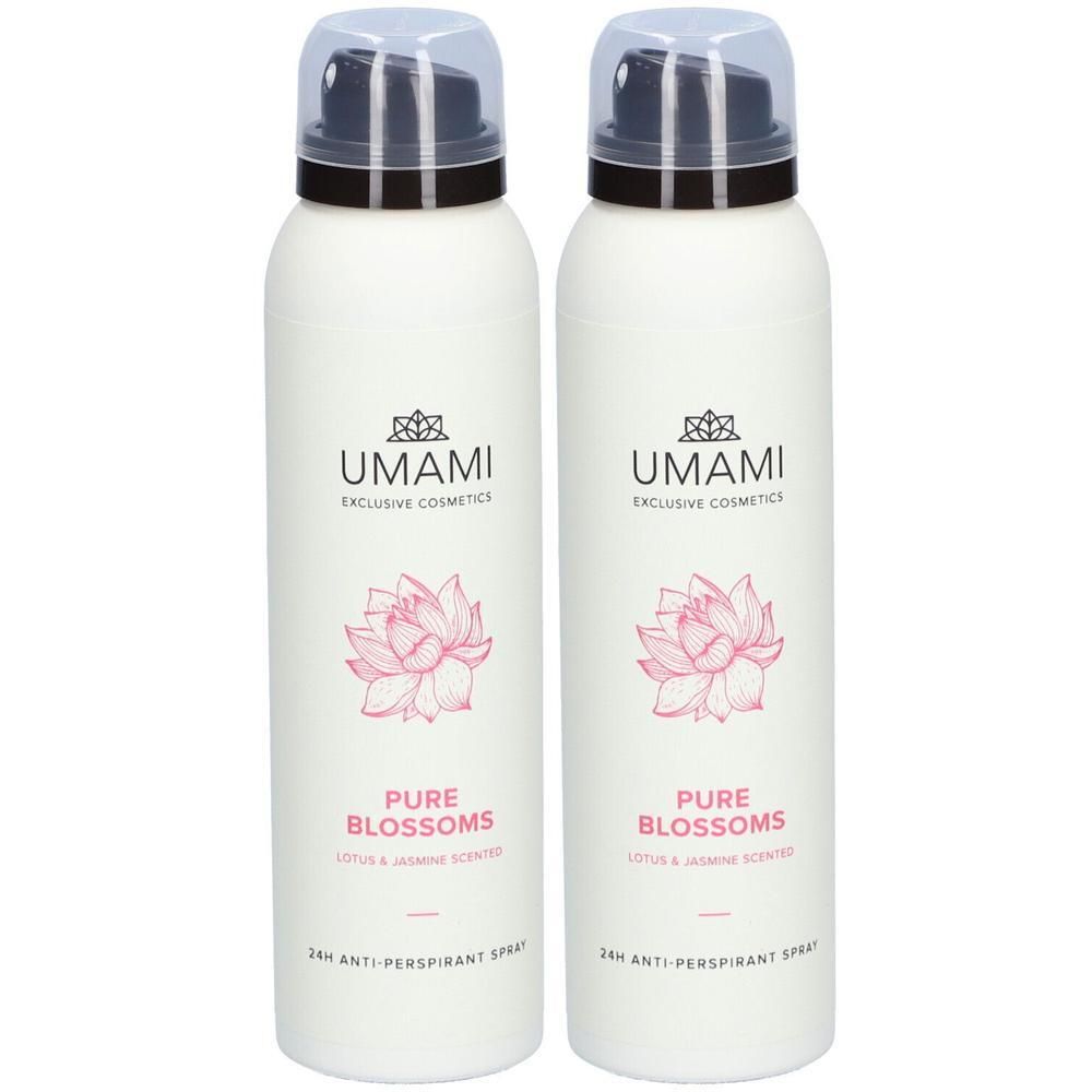 Deux sprays blancs avec tête noire. Inscription: UMAMI, Pure Blossoms, Lotus & Jasmin, 24h Anti-Perspirant Spray.