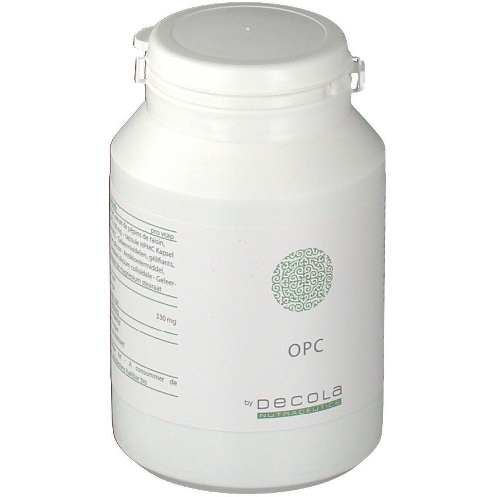 Flacon blanc avec couvercle, étiquette avec texte, motif vert, "OPC" et "by Decola".