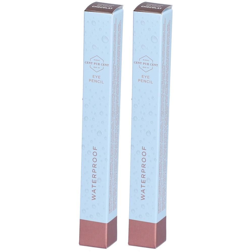 Deux boîtes allongées bleu clair avec informations produit. Base marron. Inscription: CENT PUR CENT, Waterproof Eye Pencil.