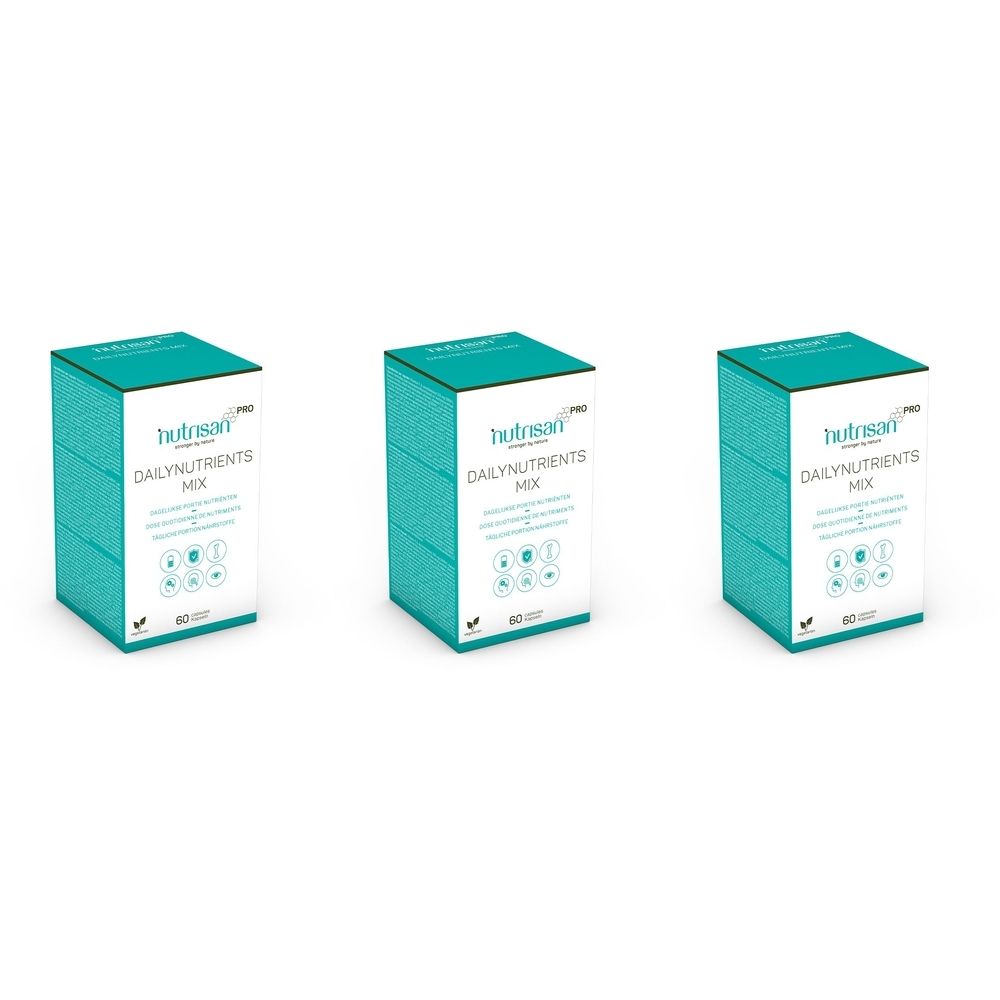 Trois boîtes carrées turquoise. Sur le devant, on lit "nutrisan" et "DAILYNUTRIENTS MIX".