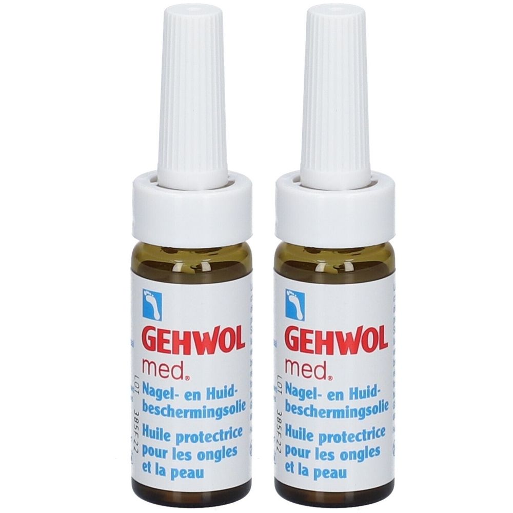 Deux flacons avec bouchon blanc. Inscription: GEHWOL med. Huile protectrice pour les ongles et la peau.