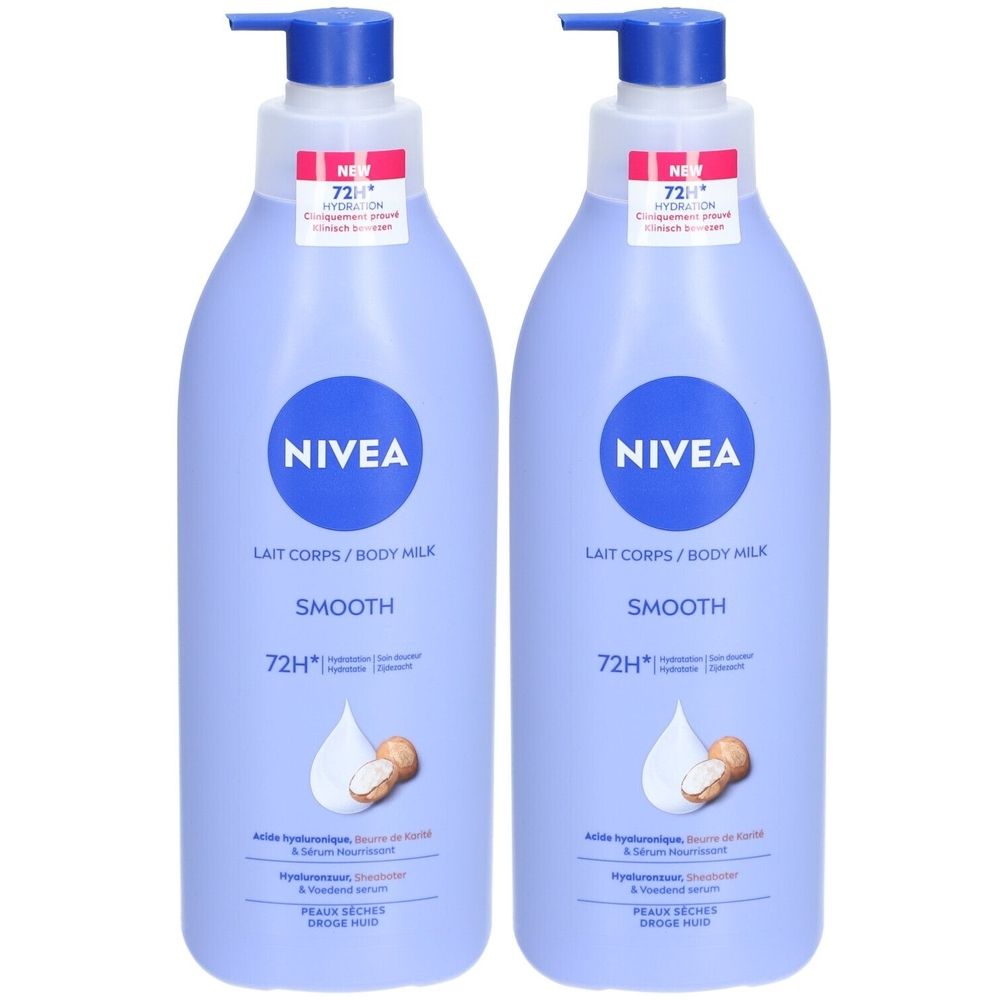 Deux flacons de Nivea Lait Corps/Body Milk Smooth avec pompe. Bouteilles bleues avec logo Nivea blanc et informations produit.