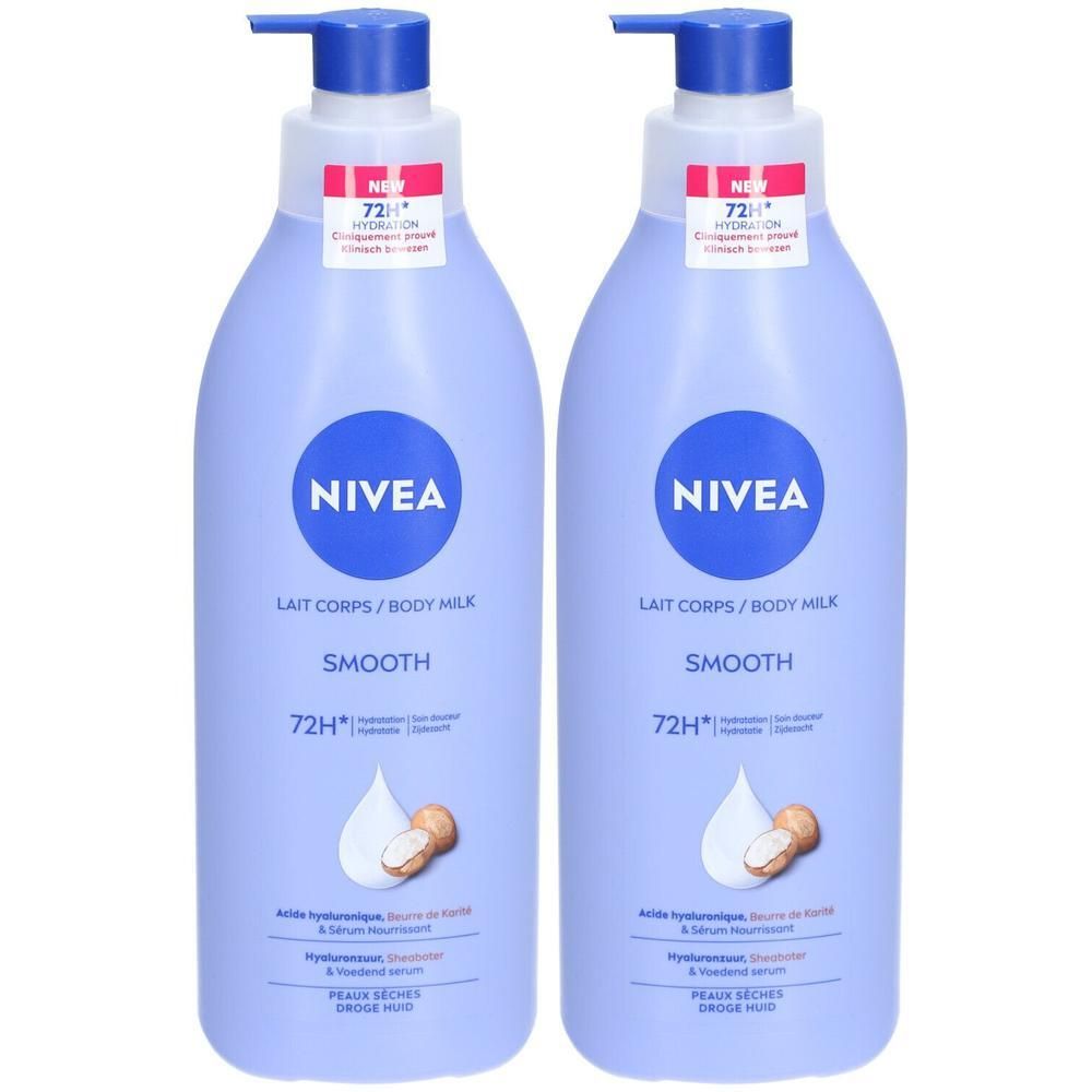 Deux flacons de Nivea Lait Corps/Body Milk. Flacons bleus avec pompe bleue. Étiquettes avec texte.