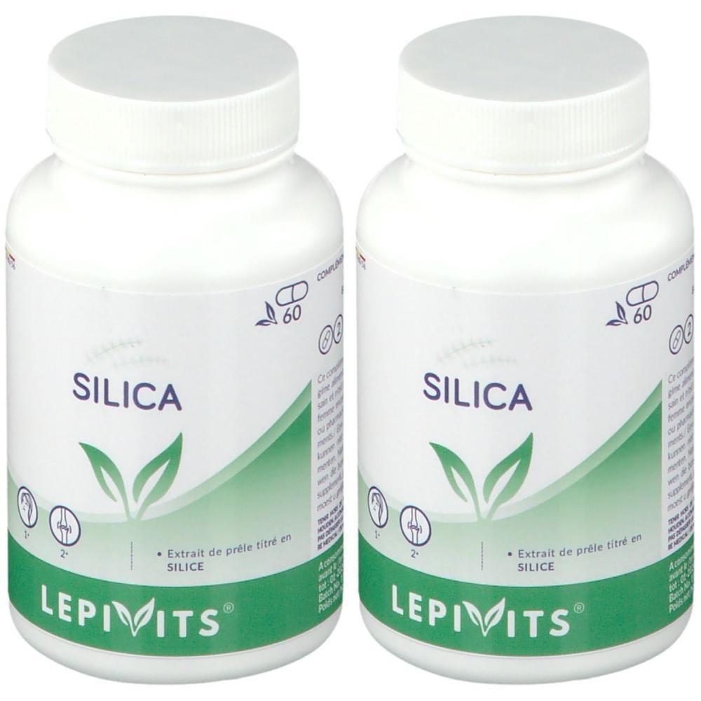 Deux flacons blancs LEPIVITS® Silica. Inscription SILICA et LEPIVITS®. Graphique de feuilles vertes. Symbole de capsule avec 60.