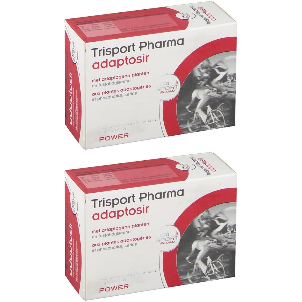 Deux boîtes blanches avec texte rouge et noir. Inscription : Trisport Pharma adaptosir. Illustration d'un cycliste.