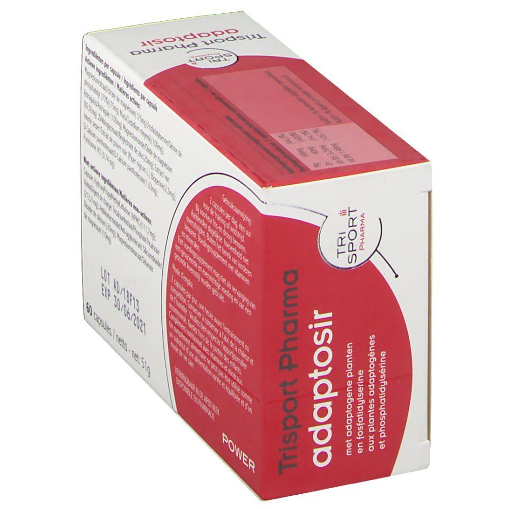 Boîte de Trisport Pharma Adaptosir. Emballage rouge et blanc avec informations produit. Contient 60 gélules. Inscriptions avec ingrédients et posologie.