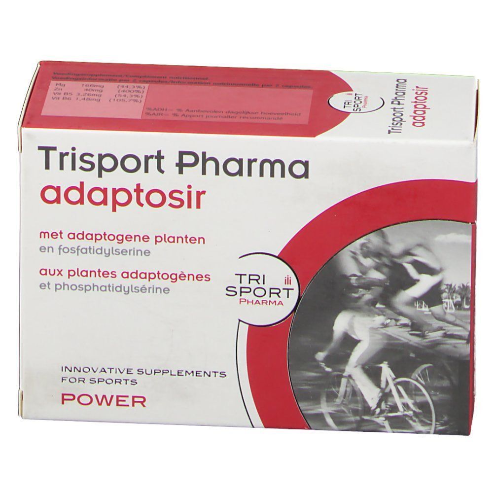 Boîte de Trisport Pharma Adaptosir. Emballage rouge et blanc avec informations produit. Contient 60 gélules. Inscriptions avec ingrédients et posologie.