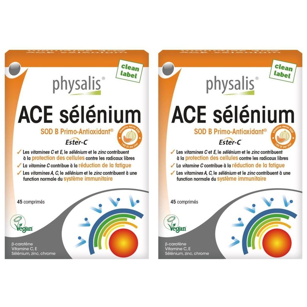 Deux boîtes Physalis ACE sélénium. Emballage blanc avec texte et logo. 45 comprimés, vegan.