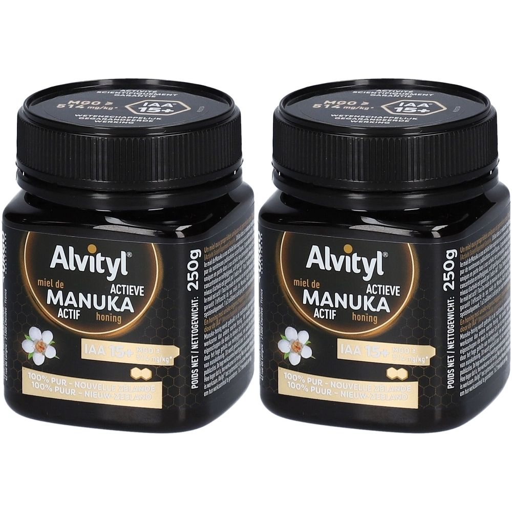 Deux pots noirs de miel. Inscription: Alvityl Miel de Manuka Actif. Poids net: 250g.