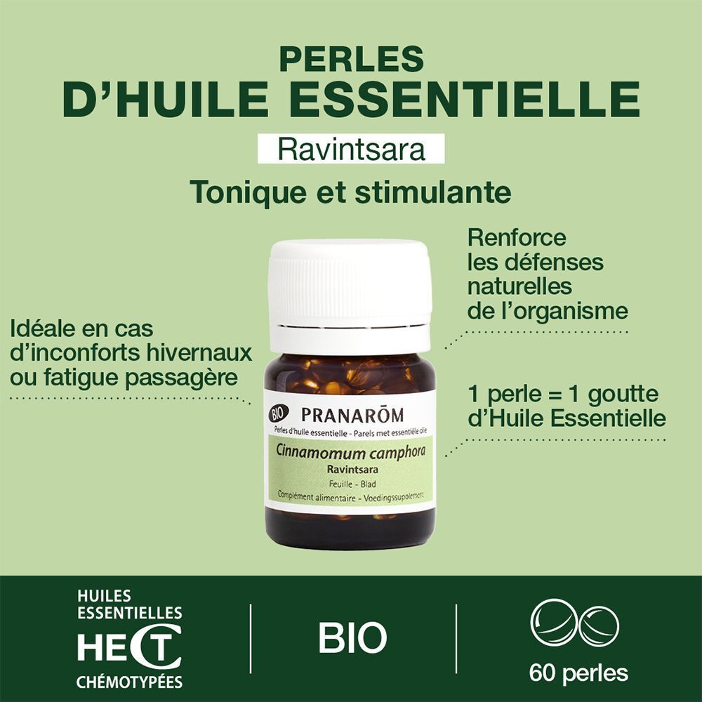 Flacon avec bouchon blanc. Texte: "PRANAROM", "Cinnamomum camphora Ravintsara". Certification BIO. 60 perles.