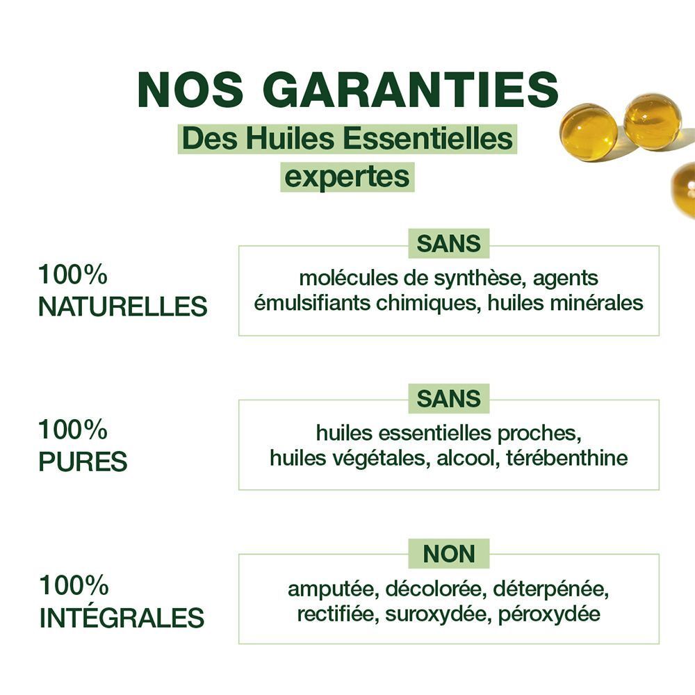 Texte: "NOS GARANTIES". Déclarations sur ingrédients 100% naturels, purs et intégraux. Pas de molécules synthétiques.
