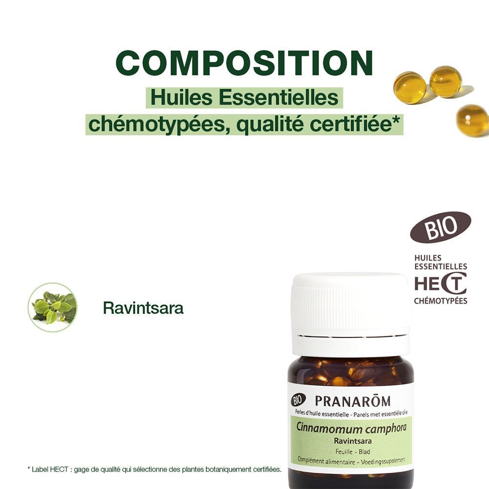 Texte: "COMPOSITION". Flacon avec bouchon blanc. Texte: "PRANAROM", "Cinnamomum camphora Ravintsara". Certification BIO.