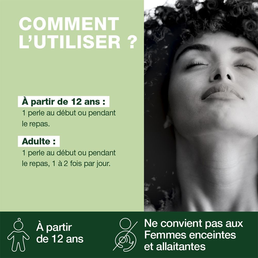 Femme aux yeux fermés. Texte: "À partir de 12 ans". Ne convient pas aux femmes enceintes ou allaitantes.