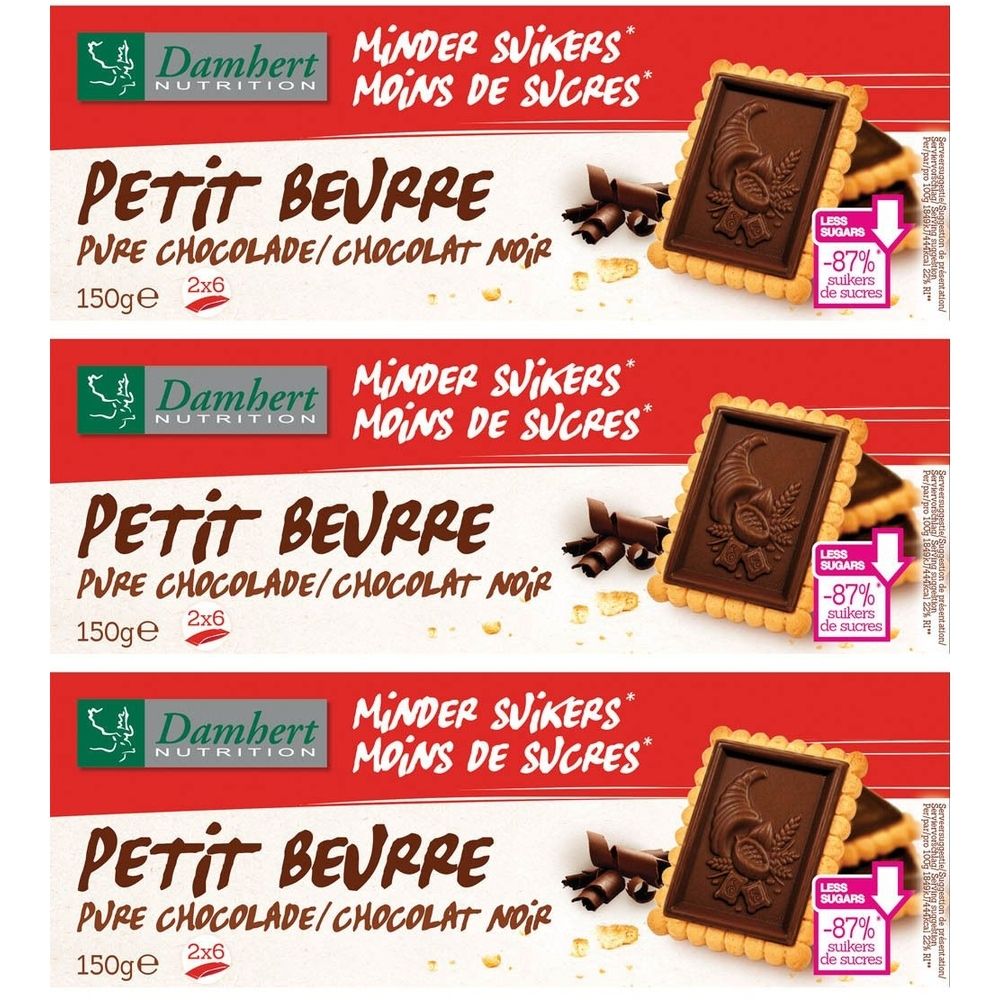 Emballage de Damhert Petit Beurre Chocolat Noir. Inscription : Minder Suikers, Petit Beurre, 150g, 2x6. Biscuits chocolatés et -87% de sucres.