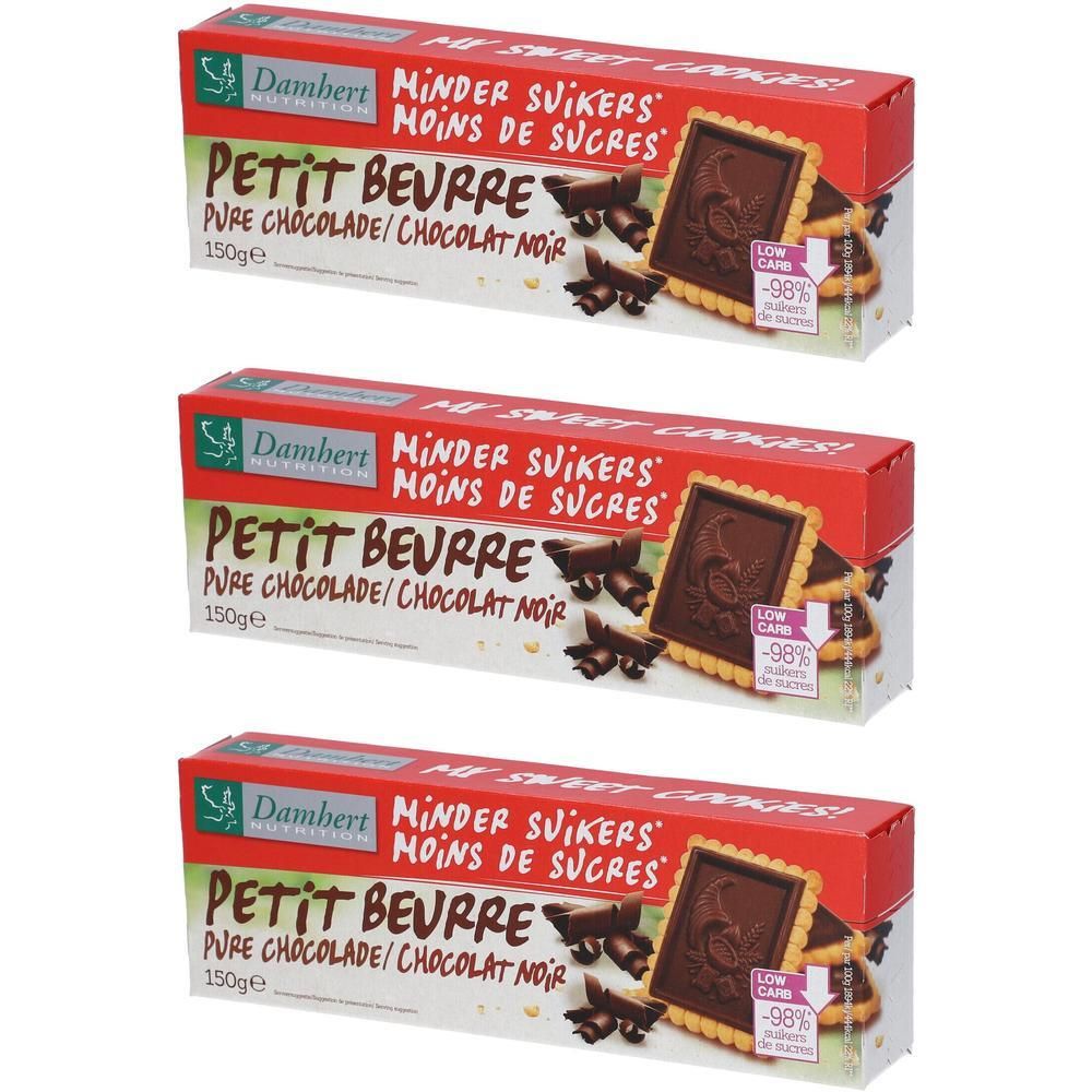 Trois boîtes de Petit Beurre Chocolat noir sans sucre. Emballage rouge avec nom et logo. Biscuits individuels visibles.