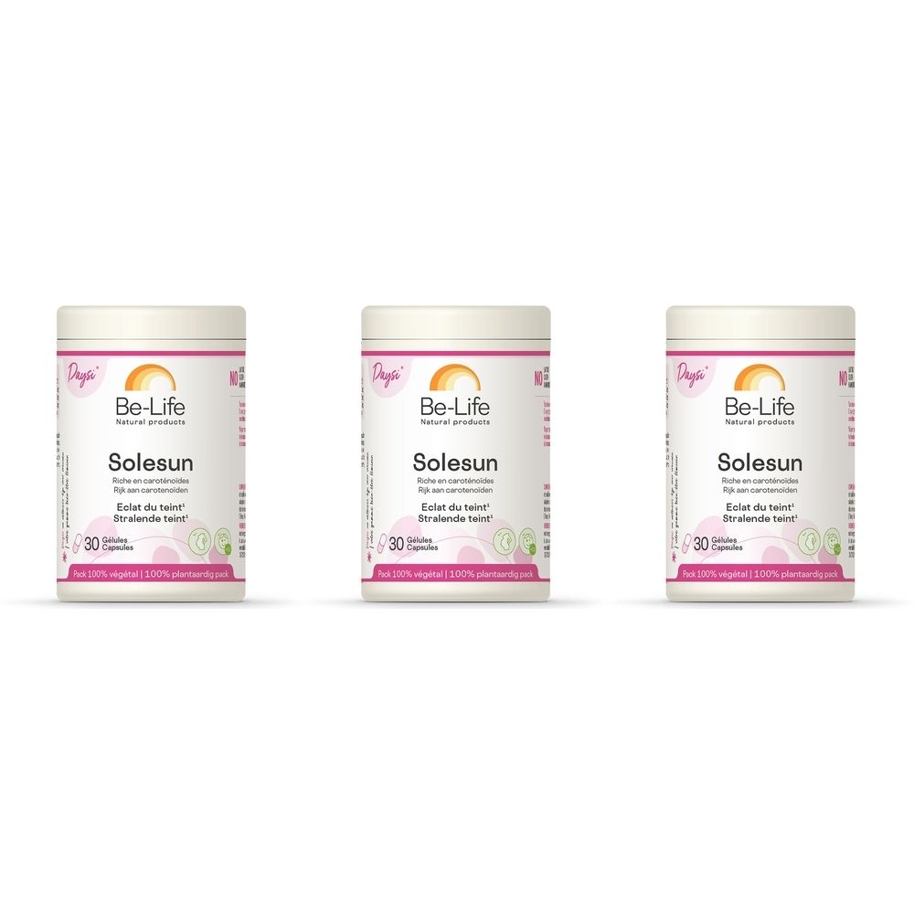 Trois flacons blancs avec l'inscription Be-Life Solesun. Chaque flacon indique 30 gélules.