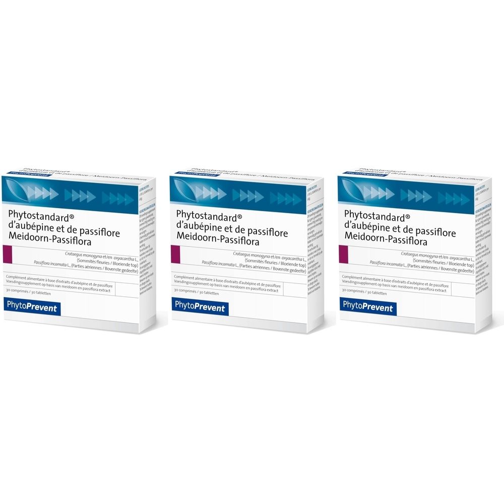 Trois boîtes Phytostandard d'aubépine et de passiflore. Marque : PhytoPrevent.
