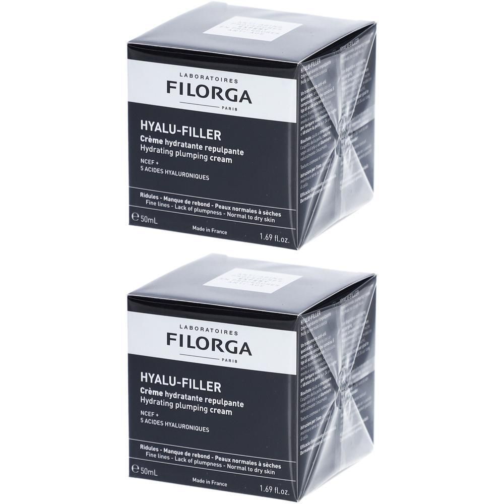 Deux boîtes carrées FILORGA HYALU-FILLER. Emballage noir avec détails blancs et gris. 50ml.