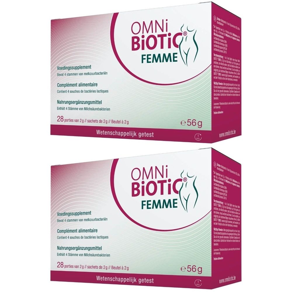 Deux boîtes de Omni-Biotic Femme. Boîtes blanches avec accents roses. Inscription: OMNI-BIOTIC FEMME, complément alimentaire, 28 sachets.