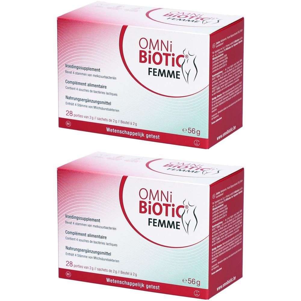 Deux boîtes Omni-Biotic Femme. Boîtes blanches avec texte et logo rouges. Contient 28 sachets.