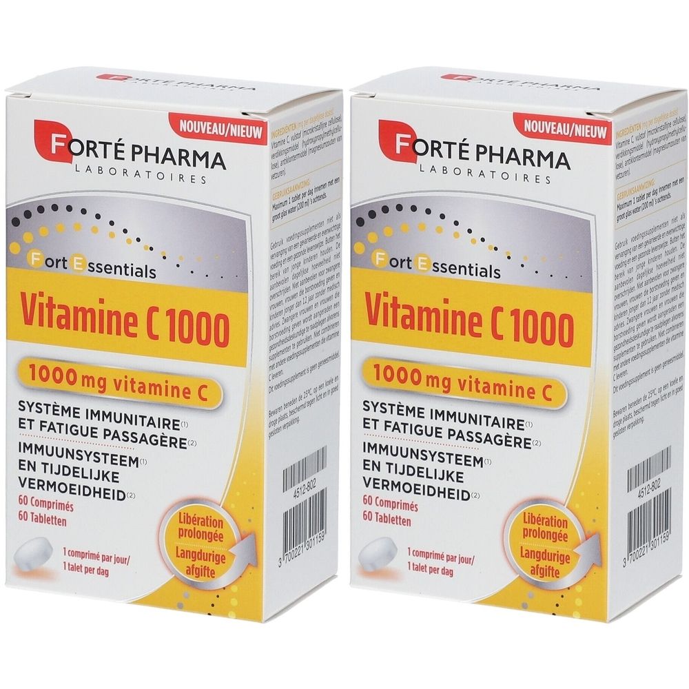Deux boîtes de Vitamine C 1000. Inscription: Forté Pharma, 1000 mg vitamine C, 60 comprimés. Emballage jaune et blanc.