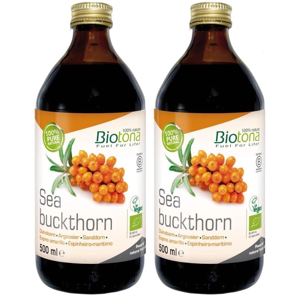 Deux bouteilles de liquide brun. L'étiquette indique "Sea buckthorn" et "Biotona". Label vegan et 500 ml.