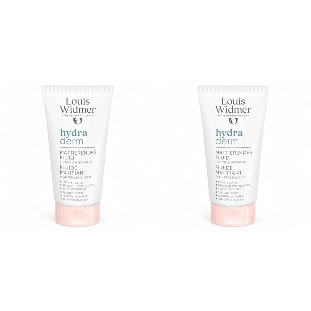 Deux tubes sur fond blanc. Chaque tube porte l'inscription "Louis Widmer hydra derm FLUIDE MATIFIANT". Les bouchons sont roses.