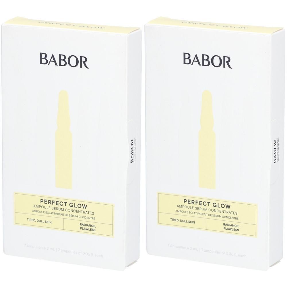 Deux boîtes blanches avec image du produit. BABOR en haut. En dessous, PERFECT GLOW, concentrés de sérum en ampoules.