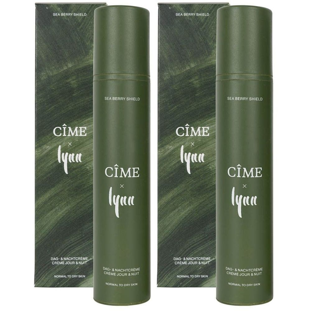 Trois flacons et emballages verts. Inscription : CÎME, lynn, Sea Berry Shield. Crème jour & nuit pour peaux normales à sèches.