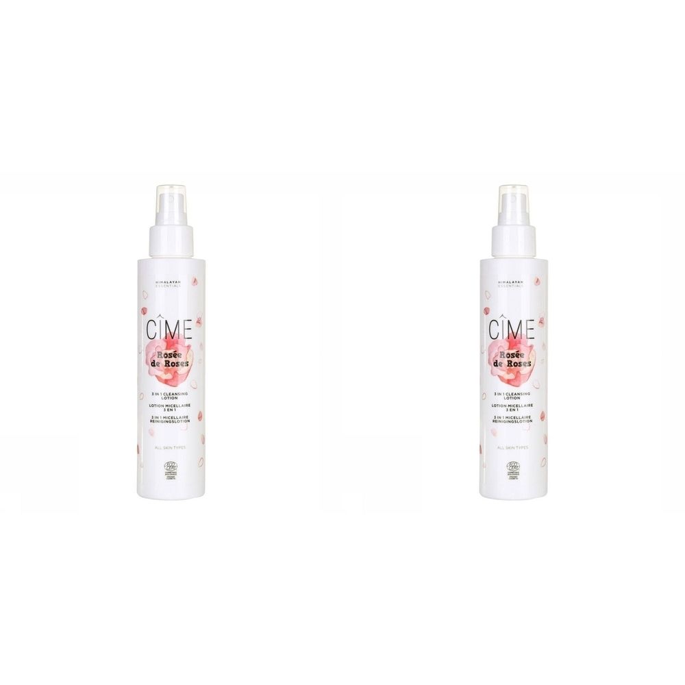 Deux flacons spray blancs avec étiquettes. Inscription : Cîme Rosée de Roses. Lotion visage bio.