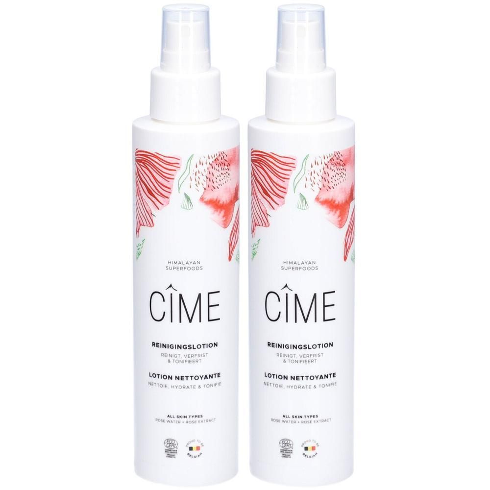 Deux flacons blancs avec vaporisateur. Inscription: CIME, Lotion Nettoyante, Rose Water & Tonifiant. Design floral.