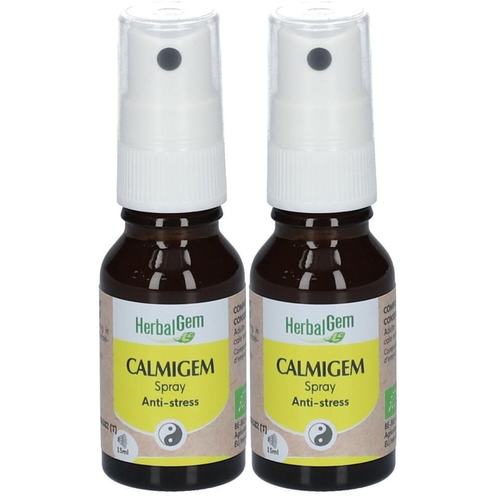 Deux flacons en verre brun avec vaporisateur blanc. Étiquette avec nom du produit et logo. Inscription: CALMIGEM Spray Anti-stress.
