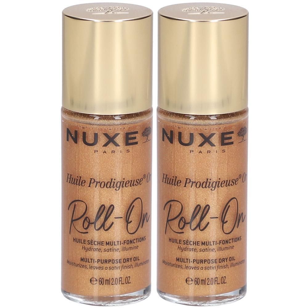 Deux flacons roll-on. Huile dorée, bouchon doré. Inscription: NUXE, Huile Prodigieuse Roll-On.