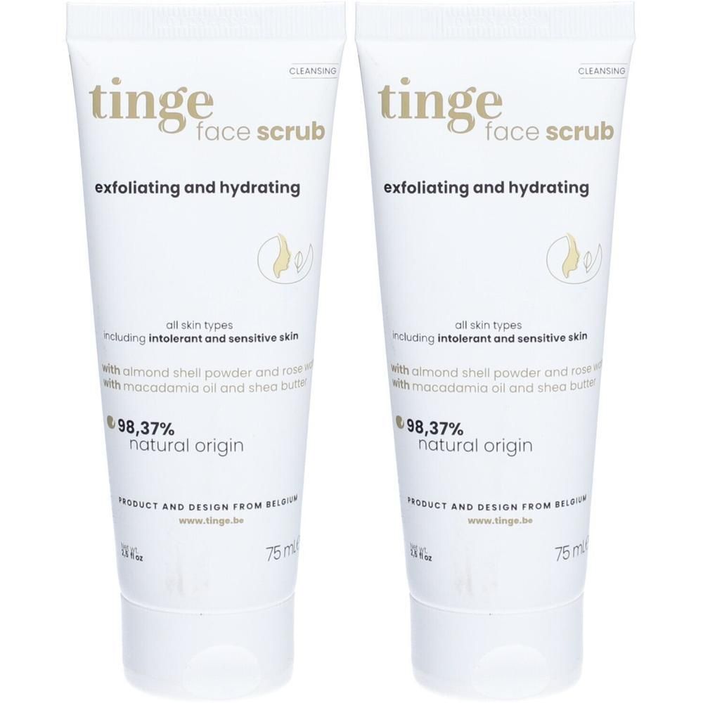 Deux tubes de gommage visage Tinge. Blanc, avec texte et logo. Contient de l'amande et du beurre de karité. 75 ml.